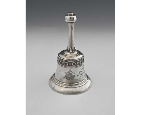 An Arts and Crafts silver bell, Vale Brothers and Sermon, Birmingham 1913, cast with a motto in raised Gothic lettering, insc