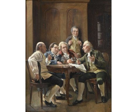 August Hermann Knoop (German, 1856-1919), Discussing the News, signed l.l., titled below, oil on panel, 24 by 18cm, gilt fram