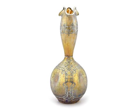 Loetz, a Secessionist silver overlay Candia Papillon iridescent glass vase, circa 1900, dimpled double gourd form, with open 
