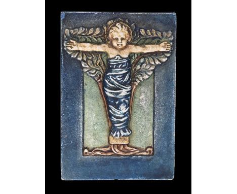 Mary Watts for Compton Potters Art Guild, a relief moulded plaque, Christ as the Tree of Life, polychrome decorated in blue a