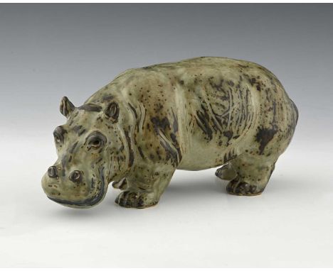 Knud Kyhn for Royal Copenhagen, a stoneware hippopotamus, No.20182, painted and incised marks, 28cm wide