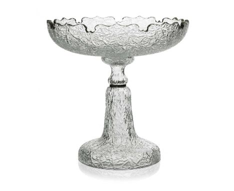 A French crackled ice glass and gilt comport, probably Baccarat circa 1850, the ogee crenellated shallow dish on a knopped tr