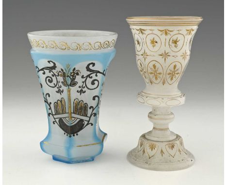Two Bohemian Barfatan opaline glass vases, early to mid 19th century, one of beaker form cased in pale blue over opaque and e