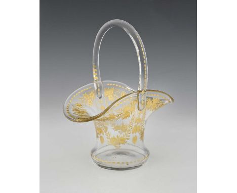 A Bohemian gilt engraved glass basket, waisted bonnet form, intaglio etched with floral garlands and filiate festoons, loop t