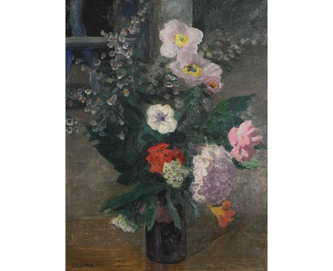Jules Flandrin (French, 1871-1947), still life of pink, white and red flowers in a vase, signed l.l., oil on canvas, 60 by 45