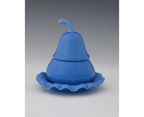 A French opaline glass novelty jar and cover on stand, probably Baccarat, modelled as a pear, on a crimped dish, in blue opaq