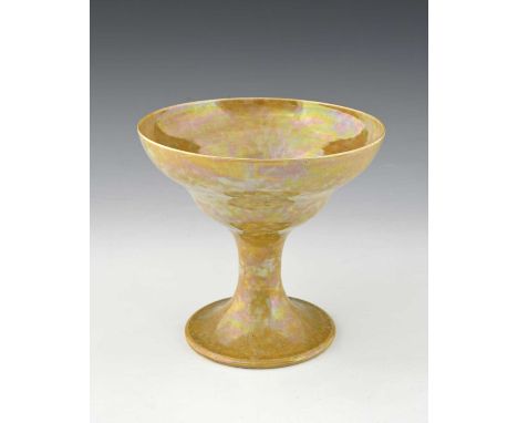 Ruskin Pottery, a yellow lustre glazed pedestal bowl, 1923, double ogee chalice form, impressed and printed marks, 20.5cm dia