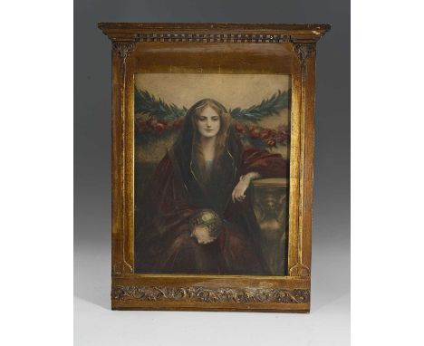 An Arts &amp; Crafts gilt wood frame, early 20th Century, of tabernacle form, dentil cornice, stylised foliage, and scrolling