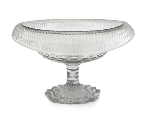 An Anglo Irish glass turnover bowl, circa 1815, moulded knopped and reeded pedestal foot with lemon squeezer pontil, the oval