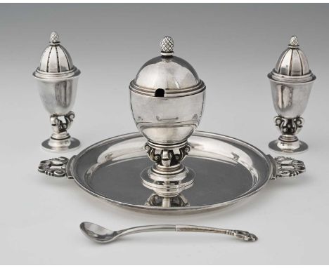 Johan Rohde for Georg Jensen, a silver Acorn pattern five-piece condiment set, circa 1920, including salt and pepper pots, mu