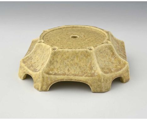 Ruskin Pottery, a Crystalline glazed vase or lamp base, circa 1920s, octagonal bracket footed form, panelled and dimpled, och