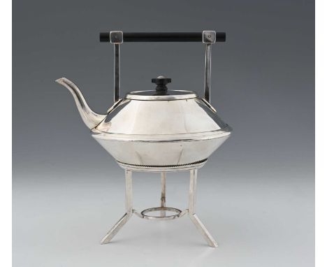 Attributed to Christopher Dresser, an Aesthetic Movement silver plated kettle on stand, circa 1883, conical discus form with 