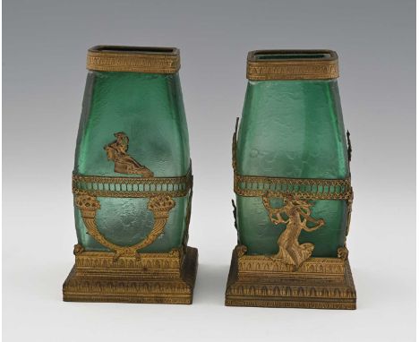 A pair of French Palais Royal glass and gilt metal mounted vases, probably Baccarat, in the Empire style, the textured green 