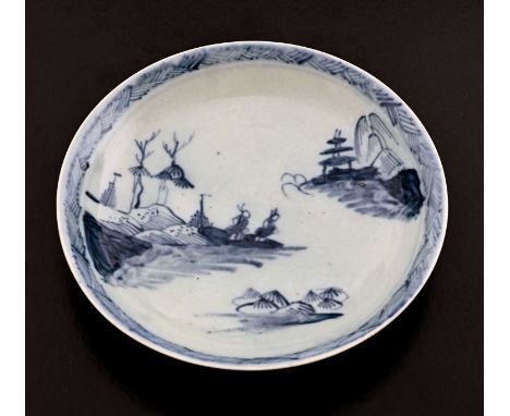 A Chaffers, Liverpool porcelain blue and white saucer, circa 1760, Two Men Bowing pattern, pale blue glaze, 12cm diameter