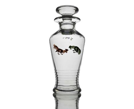Stuart and Sons, an Art Deco enamelled glass cocktail shaker, circa 1930, Stratford pattern, painted with fighting cockerels 