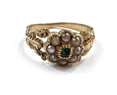 An early to mid Victorian gold emerald and split pearl cluster dress ring, engraved foliate shoulders, ring size I, 2.9g (eme