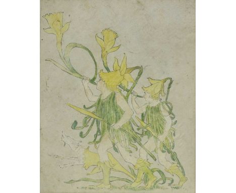After Walter Crane, a set of four Arts &amp; Crafts 'Floras Feast - A Masque of Flowers' illustrations on silk,18 by 14cm, fr