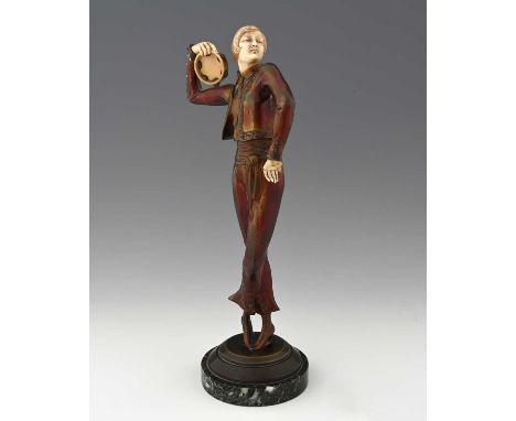 Paul Philippe (French, 1870-1930), The Tambourine Player, circa 1925, signed Philippe R.uM, chryselephantine, (cold painted b
