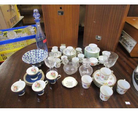 A selection of cut table glass and ceramic coffee sets to include Dresden cups and saucers, a blue flanked and cut spirit dec