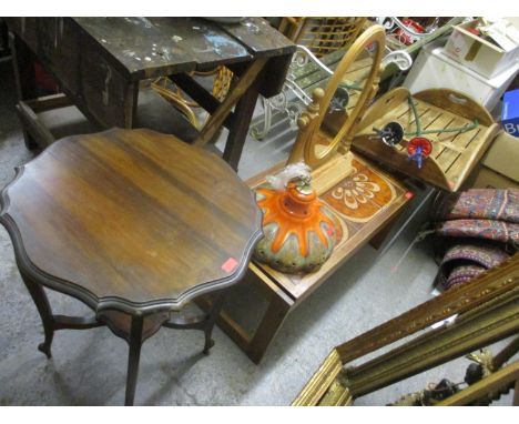 Edwardian and vintage furniture to include a butler's tray, a tiled top table, a swing mirror, a light fitting, two fencing f