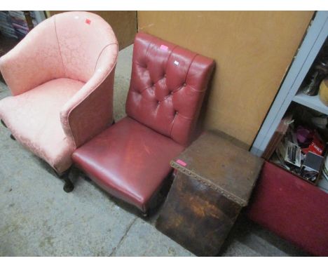 Mixed chairs and stools to include a blue dralon chair, tub chair, leather gout stool, red leather low chair and a foot stool