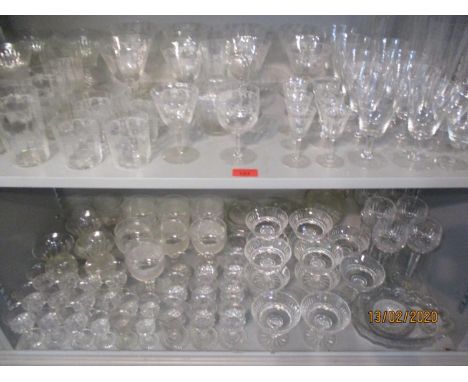 Mixed domestic glassware to include etched glassware, sundae dishes, and crystal hock glasses, Edwardian rummers and other ea