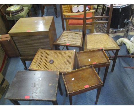 A mixed lot of furniture to include a tambour fronted cabinet, two bedroom chairs, stool and three occasional tables 