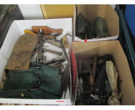 Various vintage hand tools to include maple handled chisels, sail making tools, drill bits, a drill and others, along with a 