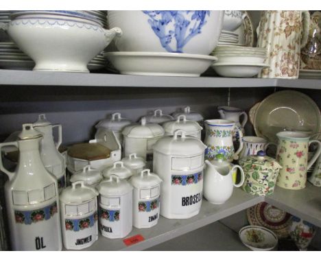 Vintage German ceramic kitchen canisters and mixed modern jugs and china to include an Emma Bridgewater jam pot with lid 