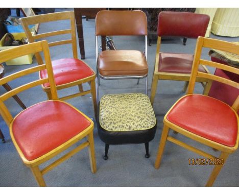 Vintage furniture to include three Ben chairs and another, a Samsonite folding chair and a stool 