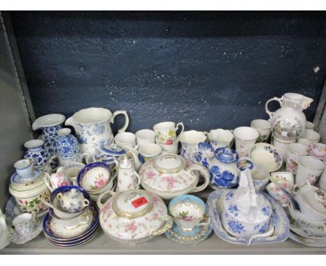 Aynsley teacups and saucers, mixed tea service items, a quantity of French Pillivuyt pedestal cups, a Coalport 'Punch' jug an