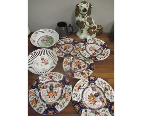 Five early 20th century Spode plates, together with a Staffordshire dog, tankard and two decorative bowls 