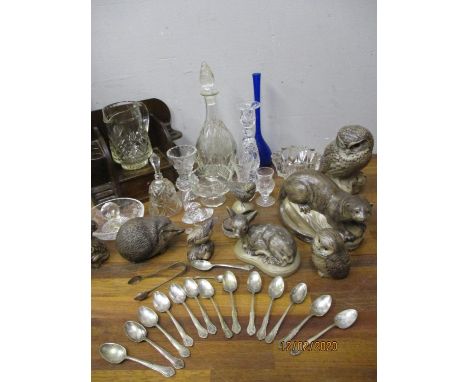 Mixed glassware, a pipe stand, Poole models of animals and a quantity of silver plate 