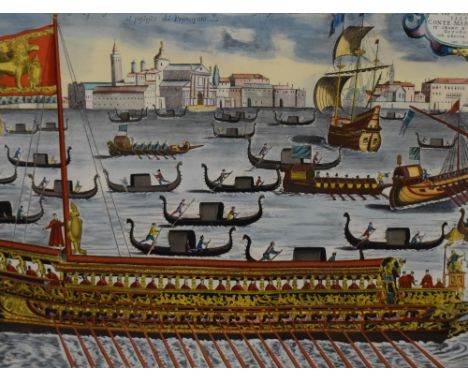 After Stefano Scolari (1652- 691) lithographic print, depicting the Bucintoro in navigation in front of San Giorgio, in the f
