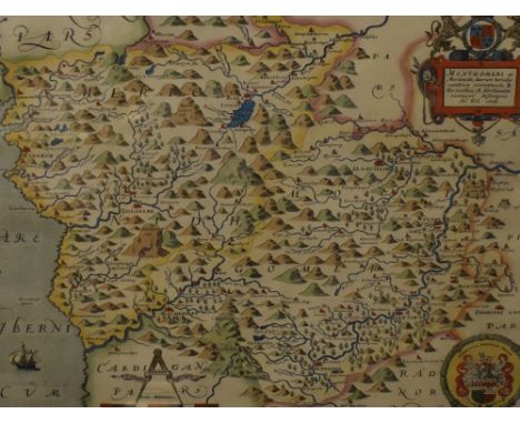 After Christopher Saxton (British 1540-1610) and by Remigius Hogenbergius (sculpt) (Dutch 1536-1588), coloured map of Montgom