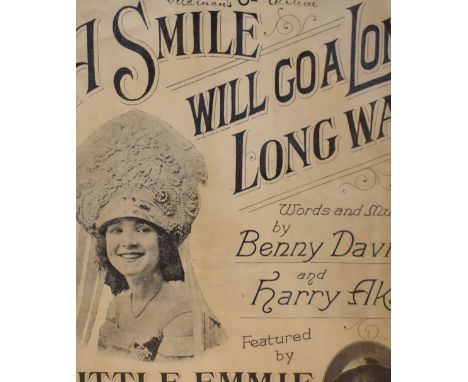 A collection of nine early 20th century framed sheet music covers, each with text and pictorial decoration, within slender eb