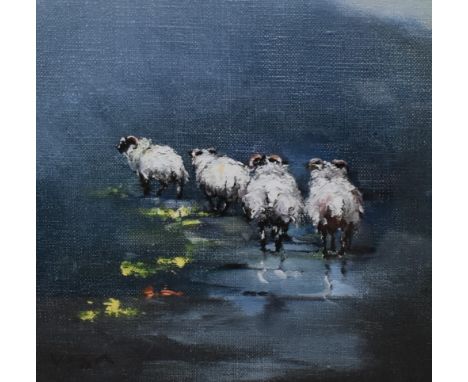 Vega (Scottish Contemporary) coloured print of sheep, within a stepped card mount and stained wooden frame, under glass 28.5c