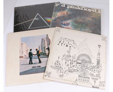 4 x  Pink Floyd LPs. The Dark side of The Moon, gate fold sleeve with two posters. Relics ( SRS 5071), A Saucer Full of secre