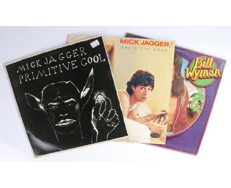 3 x Rolling Stones related LPs. Mick Jagger (2) - She's The Boss, Primitive Cool. Bill Wyman - Monkey Grip