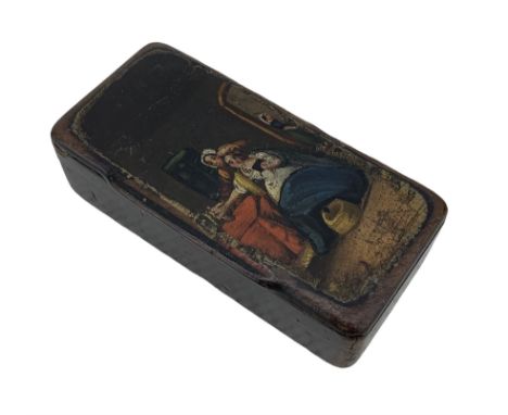 19th century papier mache snuff box, of rectangular form, the hinged cover painted with two female figures in an interior set
