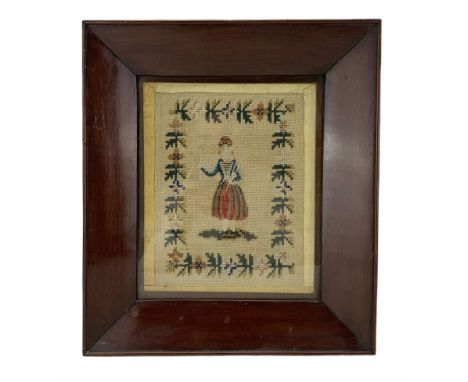 19th century petit point needlework panel of a Greek dancer 24cm x 18cm in mahogany frame
