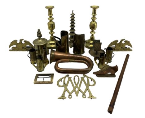 Quantity of Trench Art and similar items including two scuttles, various small vases etc., copper and brass bugle by John Gre