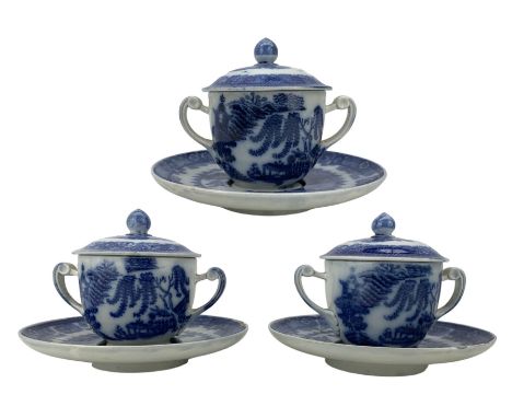 Set of three 18th/ early 19th century blue transfer printed chocolate cups and saucers with trembleuse saucers 