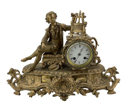 French - 19th century gilt metal 8-day mantle clock, with a seated figure of an artist, Parisian drum movement with a white e