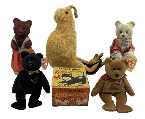  Chad Valley Kiwi for Kiwi polish in orange mohair, two Beanie bears, two Japanese clockwork bears and Tri-ang Minic 'Kitty a