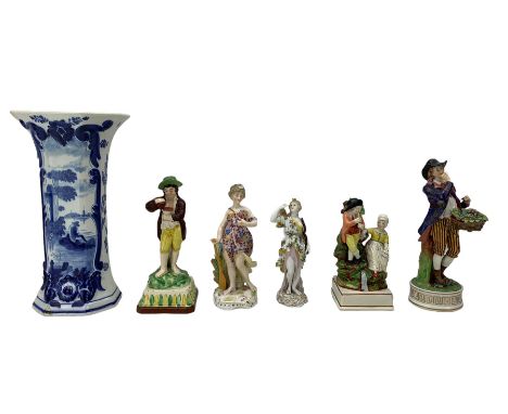 19th century Staffordshire Pearlware figures depicting a pair of musicians, another pearlware figure representing Autumn, Sit