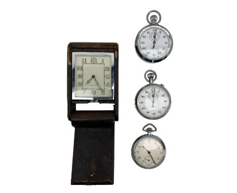 Jaeger LeCoultre Art Deco travel clock with eight day movement in folding leather case, Kienzle pocket watch and two stop wat