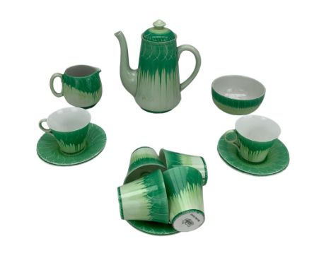 Set of six Art Deco Shelley Harmony Green Dripware teacups and saucers in the Regent shape, together with a matched Shelley c