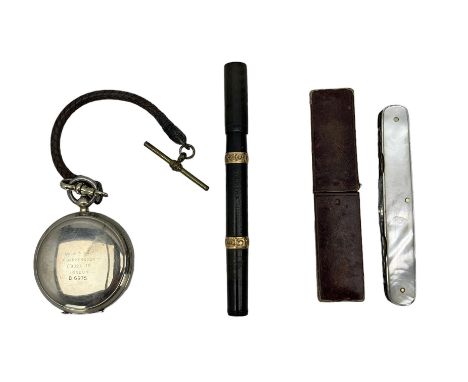 Plated purse, three cameo buttons, cased, mother of pearl penknife Watermans Safety fountain  pen with retractable nib marked