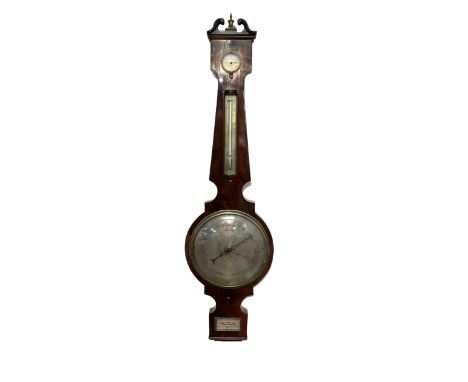 Mid 19th century - mahogany cased four glass barometer, with a swans neck pediment and brass finial,  silvered register signe